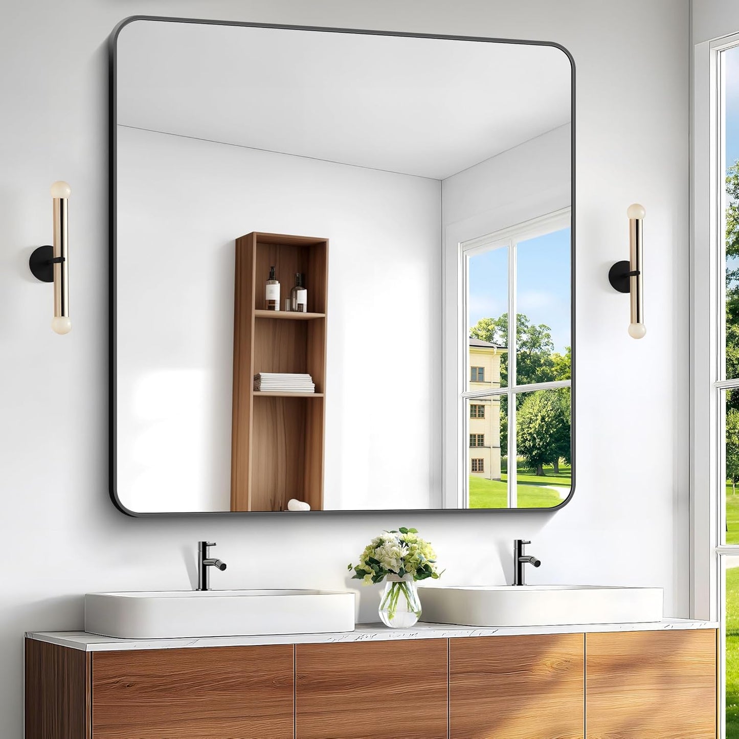 48x48 inch Bathroom Mirror,Black Rectangle Mirror,Wall Mounted Bathroom Frame Vanity Mirror with Round Corner for Bedroom Living Room,Entryway Hangs Horizontal or Vertical