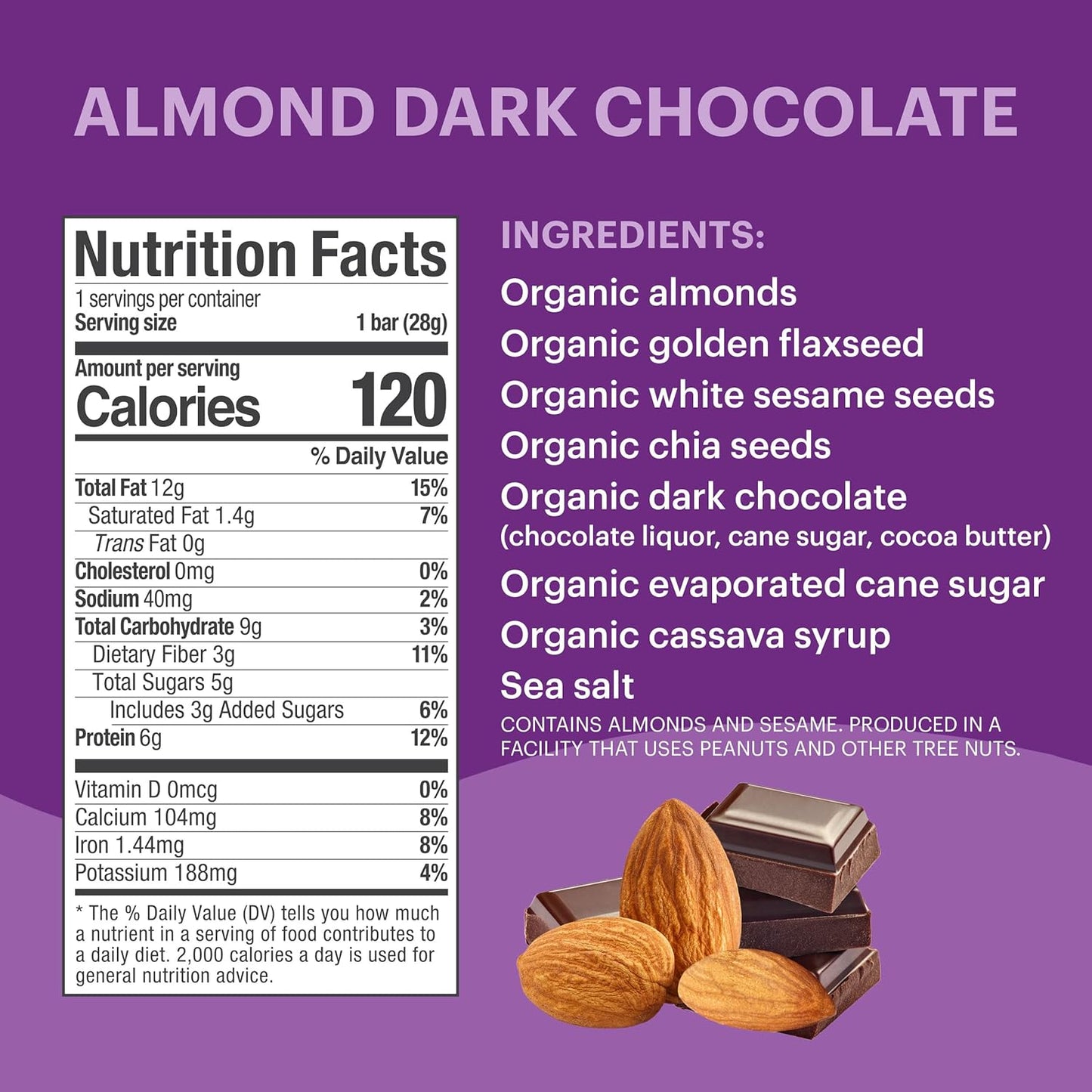 Tosi Dark Chocolate Almond Protein Bars, Plant Based with Nuts, Gluten-Free Crunchy Snacks, Vegan, Organic, Flax & Chia Seeds, Soy-Free, Omega 3s, 6G Protein, 1 oz, 12-Pack