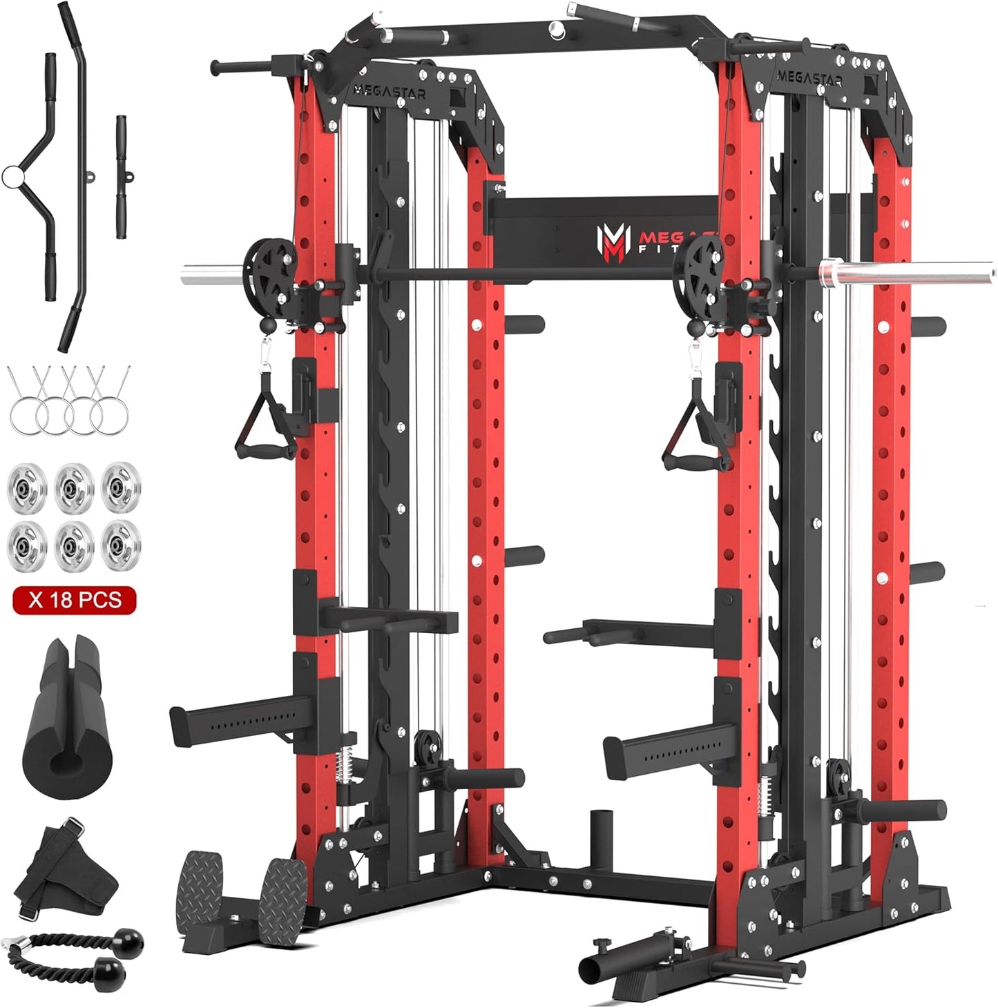 Smith Machine Home Gym with Aluminum Pulley Set - 2000lbs Capacity All-in-One Power Rack with Cable Crossover, Pull-Up Bar & Dip Station, Includes 18 Attachments, P107 Anvil