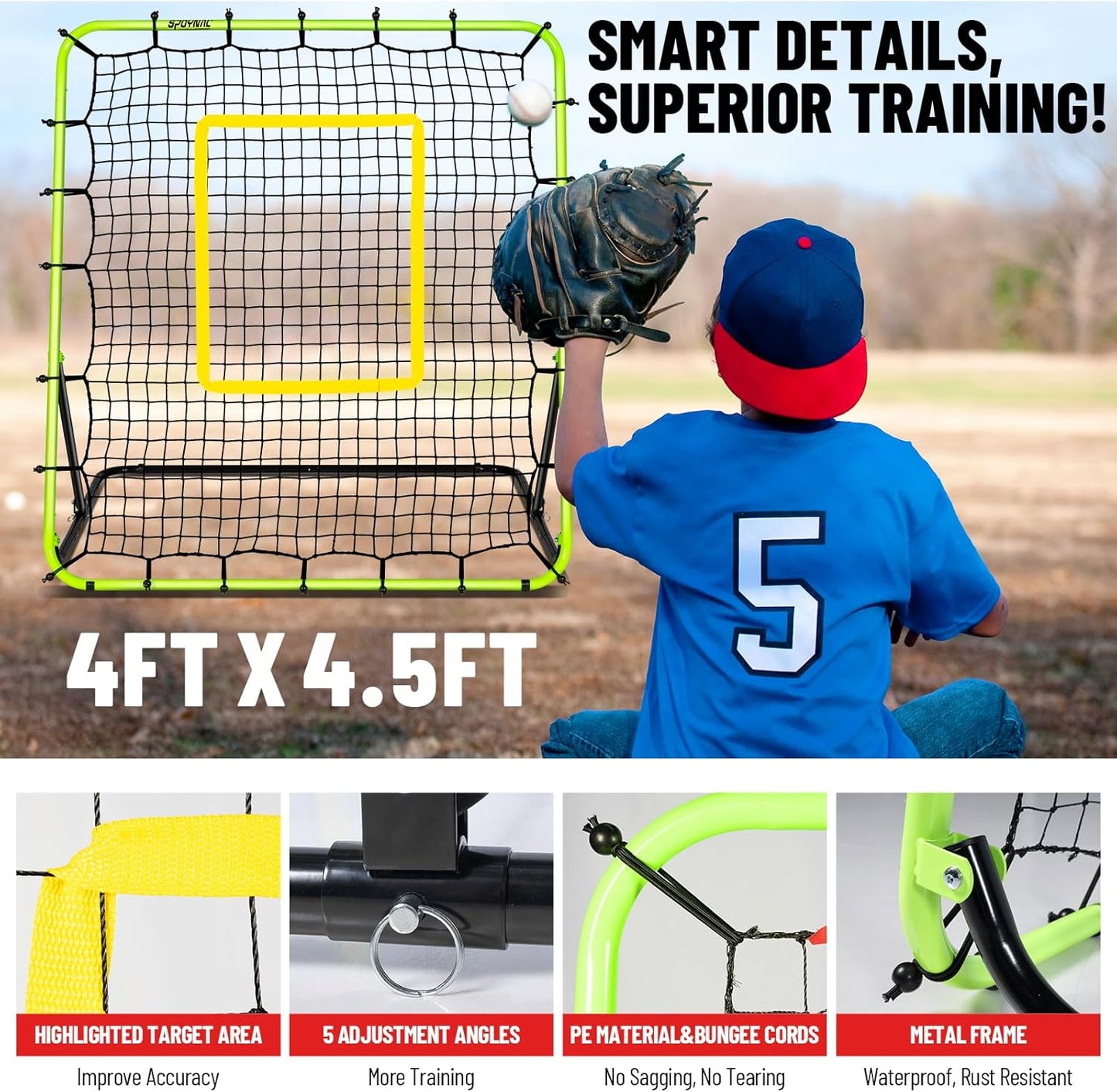 Baseball Rebounder Net 4x4.5FT - 5 Adjustable Angles Baseball Training Equipment for Ground, Line Drive & Fly Balls, Soccer Softball Volleyball Rebounder, Bounce Back Net with Hangbag
