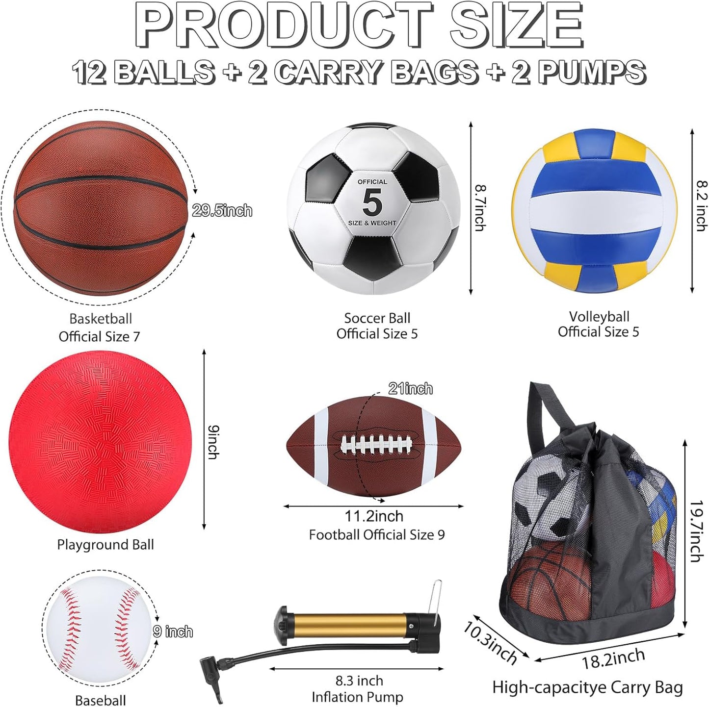 Deekin 12 Pcs Assorted Sport Ball Set Official Size Basketball, Football, Volleyball, Soccer, Baseball, Playground Ball with Bag and Pump Gift for Kid Youth Adult Back to School