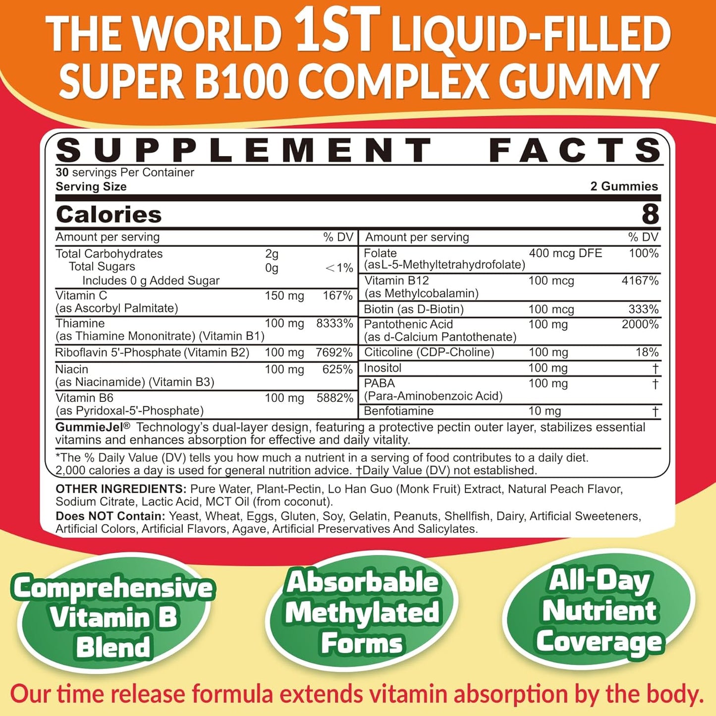 Super Vitamin B Complex Gummies - All B Vitamins Including Methyl B12, B1, B2, B3, B5, B6, Biotin, Methylfolate with Vitamin C, Choline, Inositol, PABA for Energy, Brain & Immune Support, Sugar Free