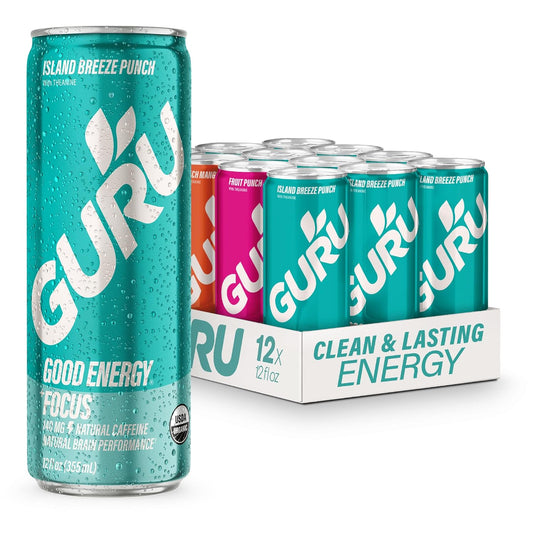 GURU PUNCH Organic Energy Drinks Variety Pack, Clean Energy Drink with Plant Based Natural Caffeine from Green Tea + Focus w/L-Theanine, Gluten Free, 140mg Caffeine, Healthy Drinks, 12oz (Pack of 12)