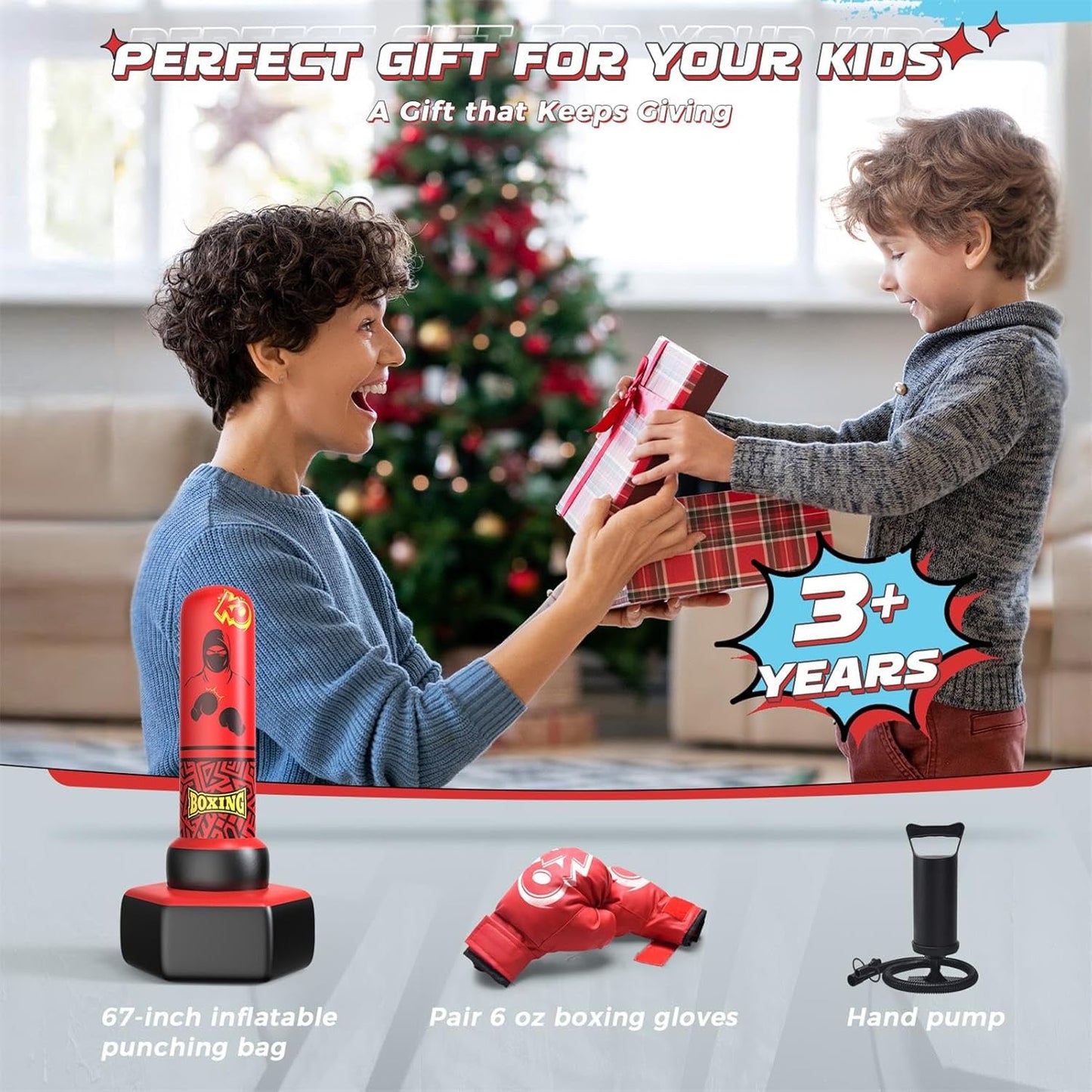 67'' Inflatable Punching Bag Freestanding for Kids Aged 3-12 – Heavy Duty Boxing Set for Karate & Taekwondo, Stable Boxing Bag Active Kids Toy, Christmas Birthday Gift for Boys and Girls