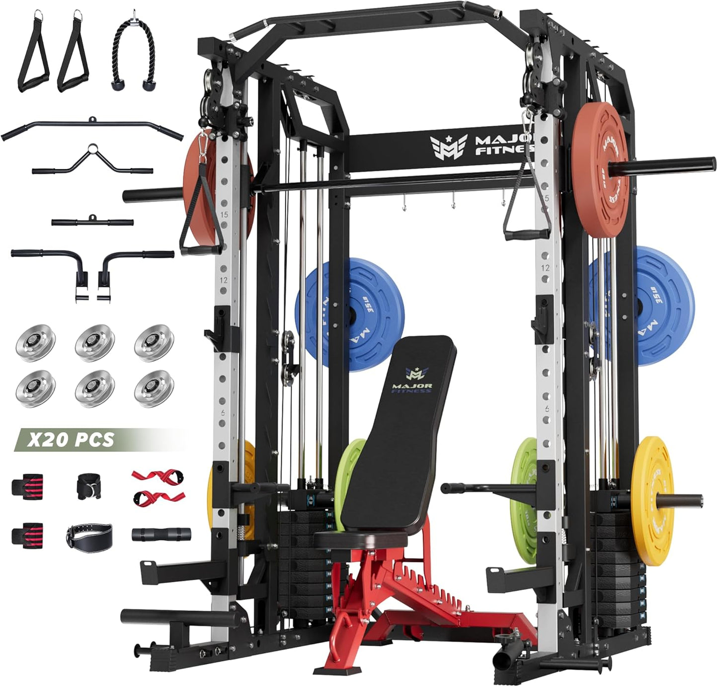 Major Fitness Smith△ Machine Drone2 Premium, All-in-One Home Gym Squat Rack with Aluminum Pulley Set , Weight Bar, Dual LAT Pull-Down Systems & Cable Crossover Machine for Full-Body Workouts