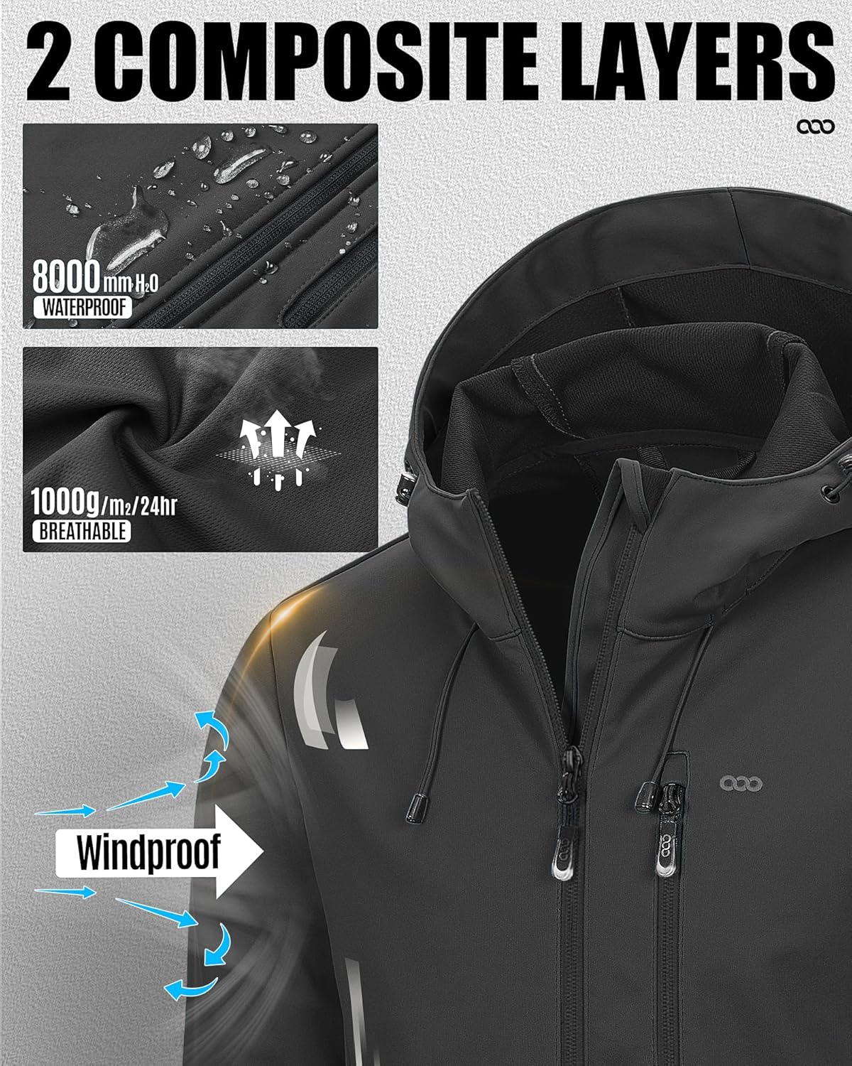 33,000ft Men's Softshell Jacket with Hood Waterproof Windbreaker Lightweight Rain Shell Jacket for Outdoor Hiking Travel