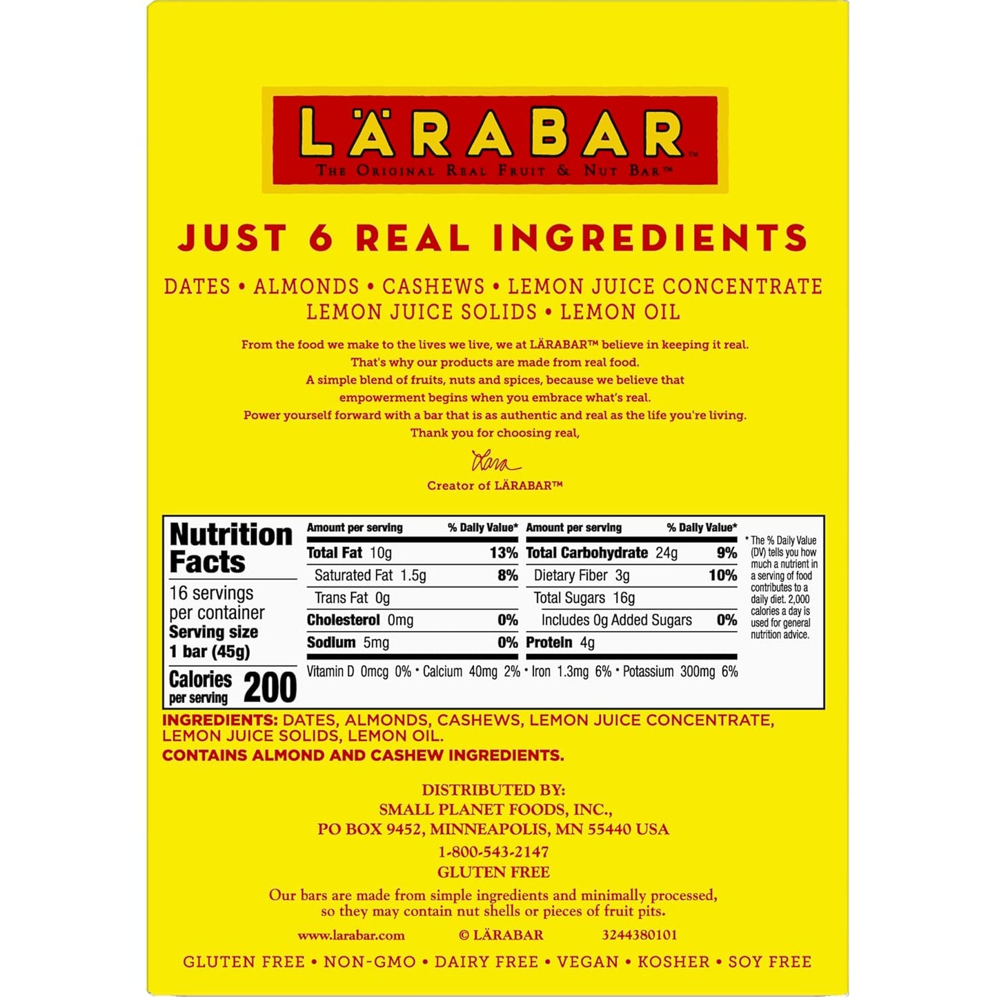 Larabar Lemon Bar, Gluten Free Vegan Fruit & Nut Bar, 1.6 oz Bars, 16 Ct