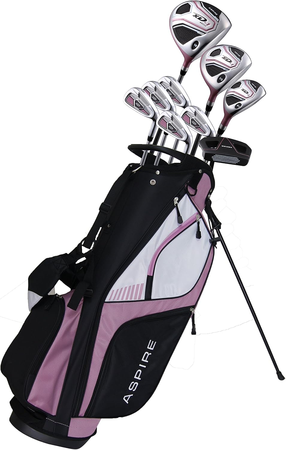 Aspire XD1 Womens Golf Clubs Full Set, Includes Driver, Fairway, Hybrid, 6-PW Irons, Putter, Stand Bag, 3 H/C's, Ultra-Light Graphite Shafts, Golf Clubs Women Right Handed, Comes in 3 Sizes, Pink