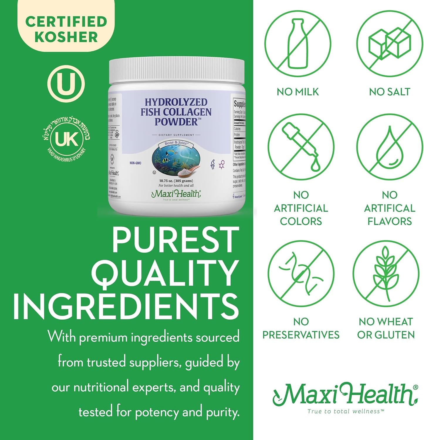 Maxi Health Collagen Peptides Powder – Type I Unflavored Marine Powder Collagen for Women & Men - Wild-Caught Protein Supplement for Joints, Skin, Hair & NailNails (10.75 oz)