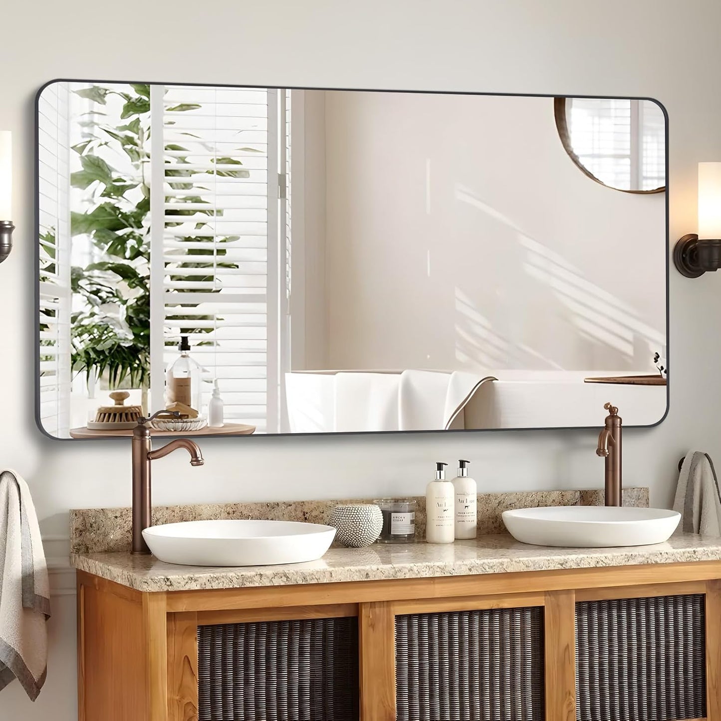36" x 48"Bathroom Mirror, Matte Black Wall Mirror with Metal Frame, Decorative Rectangular Vanity Mirror for Bedroom Bathroom Living Room Entryway (Horizontal/Vertical)