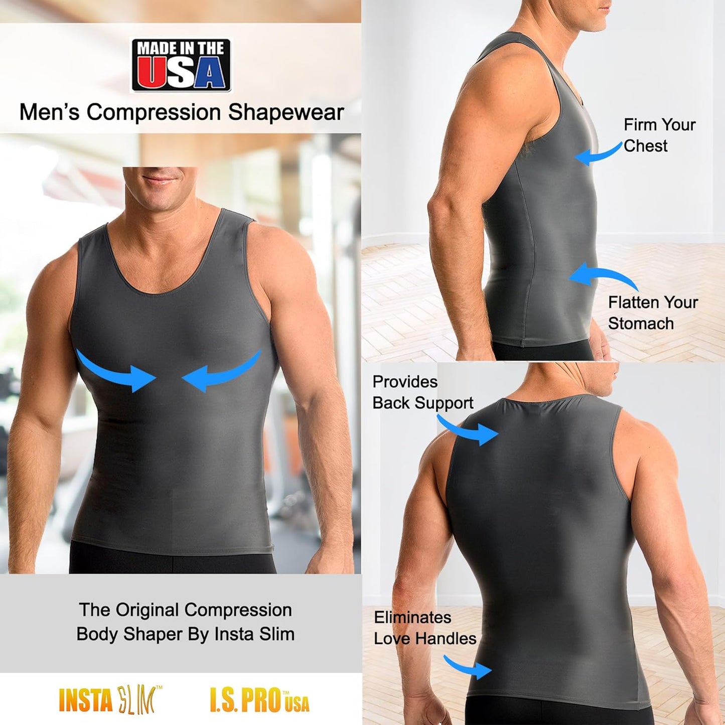 Insta Slim -Made in USA- Compression Tank-Top Shapewear for Men. Tummy Control Slimming Body-Shaper for Belly & Back Support