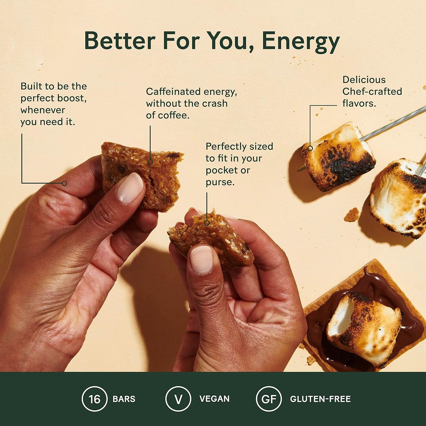 Verb Caffeinated Energy Bars S'mores (26g, Pack of 16) 110-Calorie Delicious Low Sugar Energy Bar - Vegan Gluten Free On-the Go Snack with 80mg Green Tea Caffeine, Only Real-Food Ingredients
