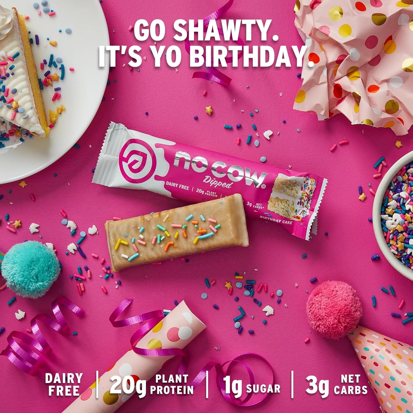 No Cow High Protein Bars, Dipped Birthday Cake - Healthy Snacks, 20g Vegan Protein, High Fiber, Low Sugar, Keto Friendly, Dairy & Gluten Free (12 Count)