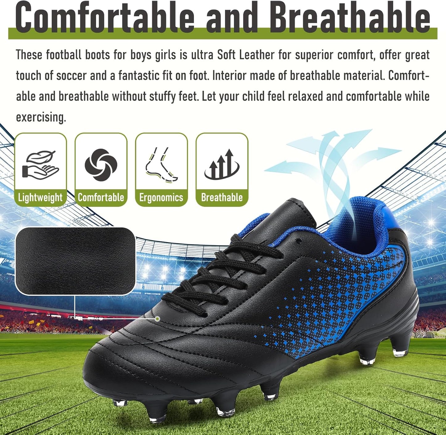 LIZRHA Soccer Shoes for Boys Girls Soccer Cleats Boys Girls Kids Athletic Outdoor Football Shoes Youth Football Cleats Outdoor & Indoor Soccer Shoes Lightweight, Running & Training for Students