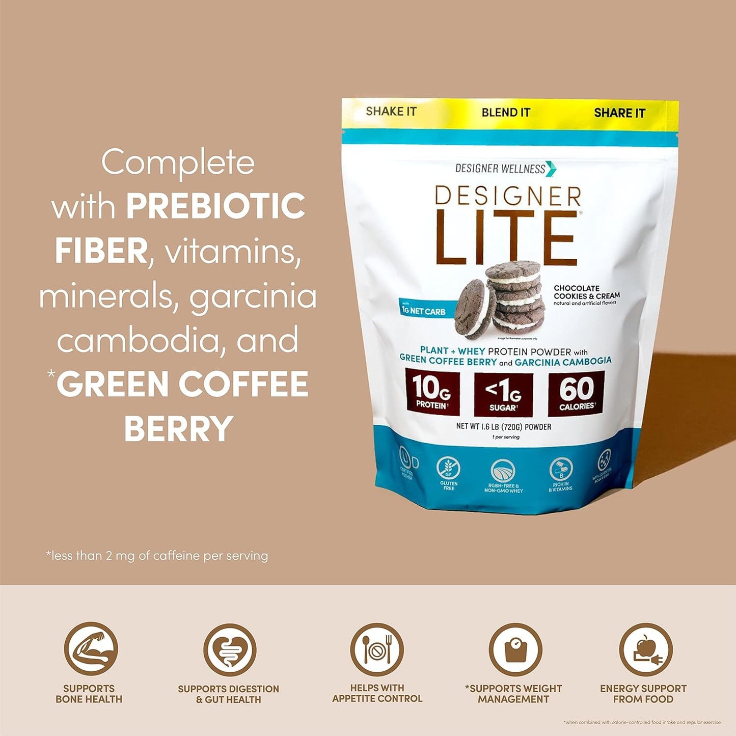 Designer Wellness, Designer Lite, Low Calorie Natural Protein, Prebiotic Fiber, Key Vitamins & Minerals, Chocolate Cookies & Cream, 25.6 Ounces