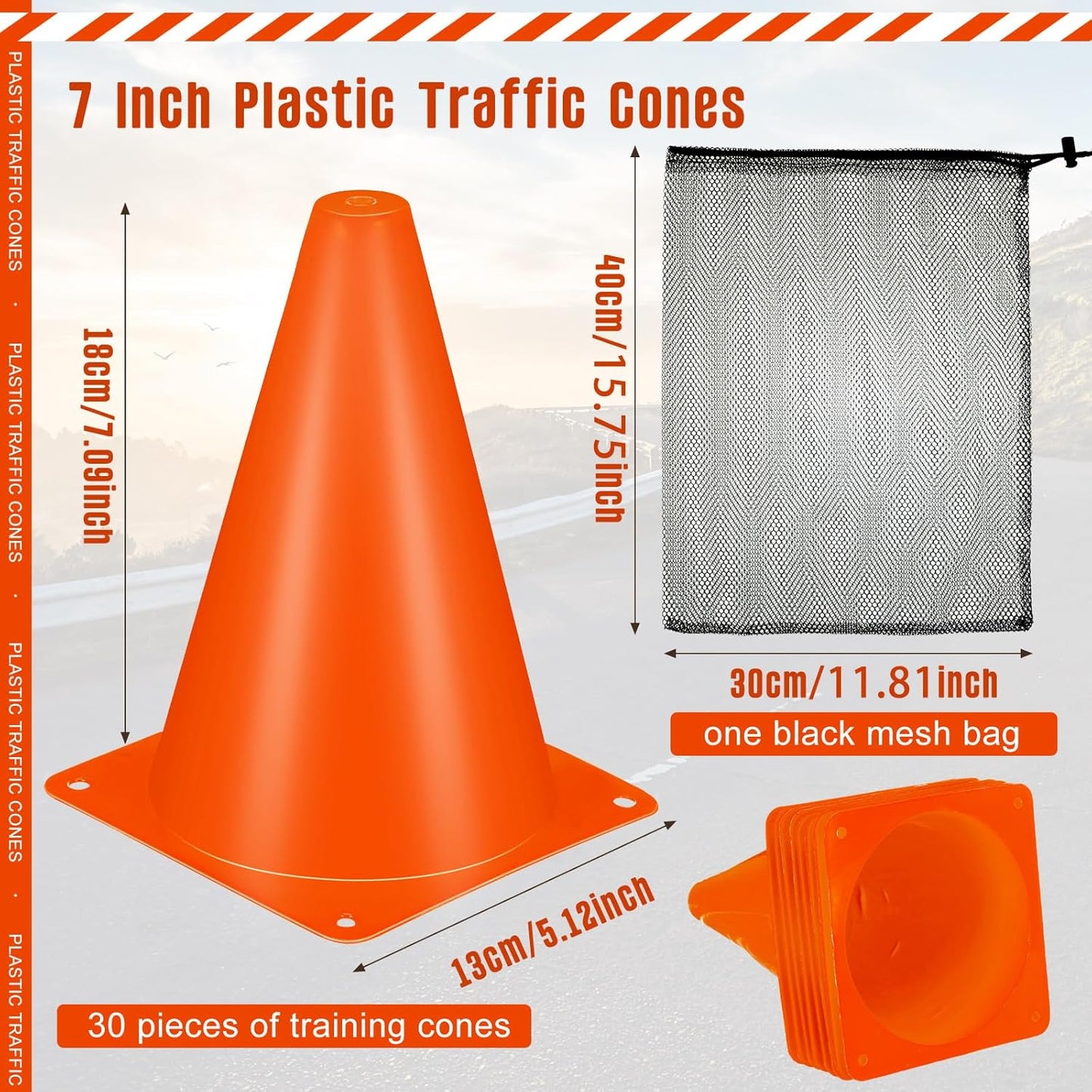 Syhood 30 Pack 7 Inch Plastic Traffic Cones Sports Training Agility Marker Mini Cones for Soccer, Skating, Football, Basketball, Indoor and Outdoor Games Sports Practice Equipment