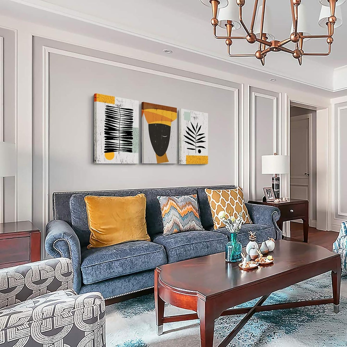 Framed Canvas Wall Art African Ethno Motive Wall Art Set, Abstract Ethno Art, African American Woman Portrait, Black Orange Print, Contemporary Collage, Minimalist (S-3pcs,20x30inchx3pcs)