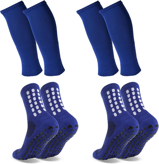 2 Set Grip Soccer Socks and Shin Guard Sleeves Non Slip Soccer Sleeve Socks for Men Women