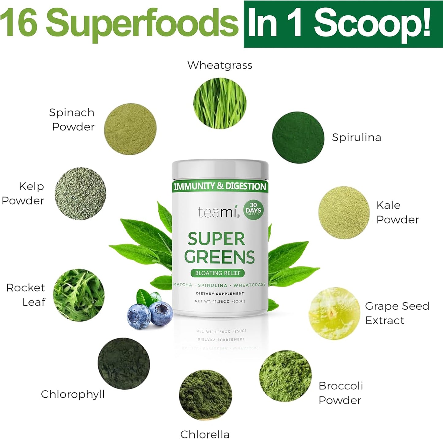 Teami Organic Super Greens Powder for Immunity & Digestion, Non-GMO Greens Superfood Powder to Support Energy, 16 superfood Ingredients, Sugar-Free Veggie Powder for Juice & Smoothie, 32 Servings