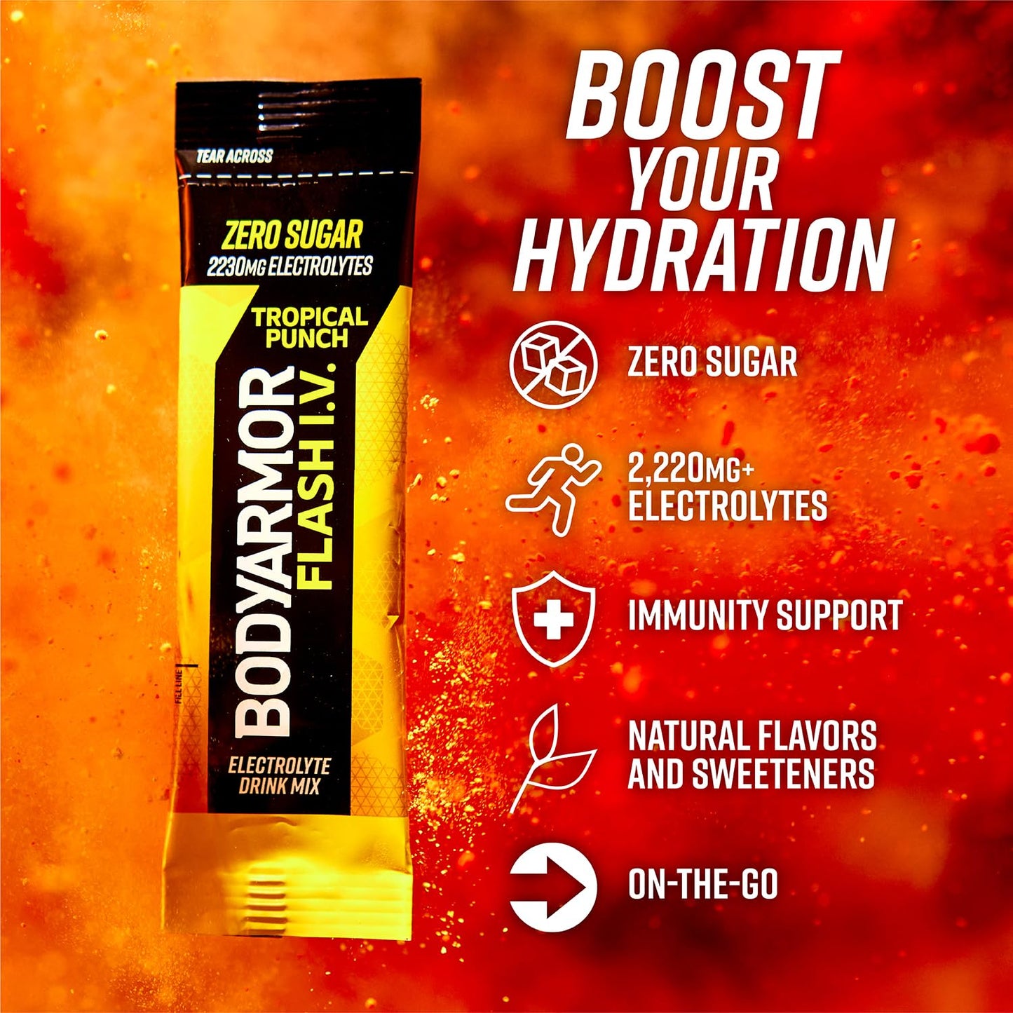 BODYARMOR Flash IV Electrolyte Packets, Tropical Punch - Zero Sugar Drink Mix, Single Serve Packs, Coconut Water Powder (6 Count)