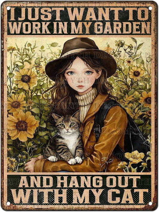 Cat Garden Vintage Tin Sign I Just Want To Work In My Garden and Hang Out With My Cat Retro Metal Tin Sign Sunflower Decor for Home Fence Porch Room Wall Decor Poster 12 * 16inch