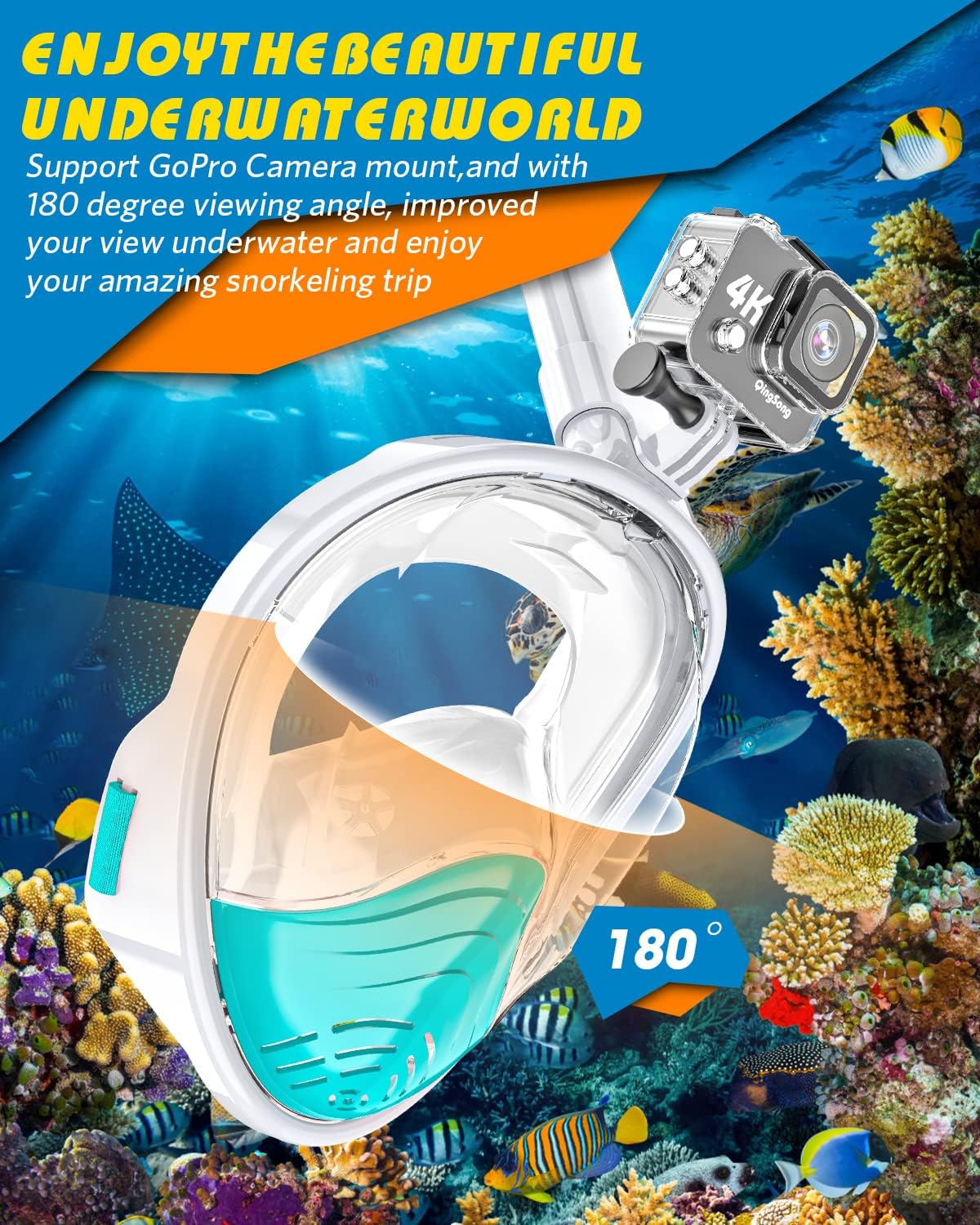 QingSong Full Face Snorkel Mask for Adults, Snorkeling Gear with Camera Mount, 180 Degree Panoramic View Snorkel Set Anti-Fog Anti-Leak