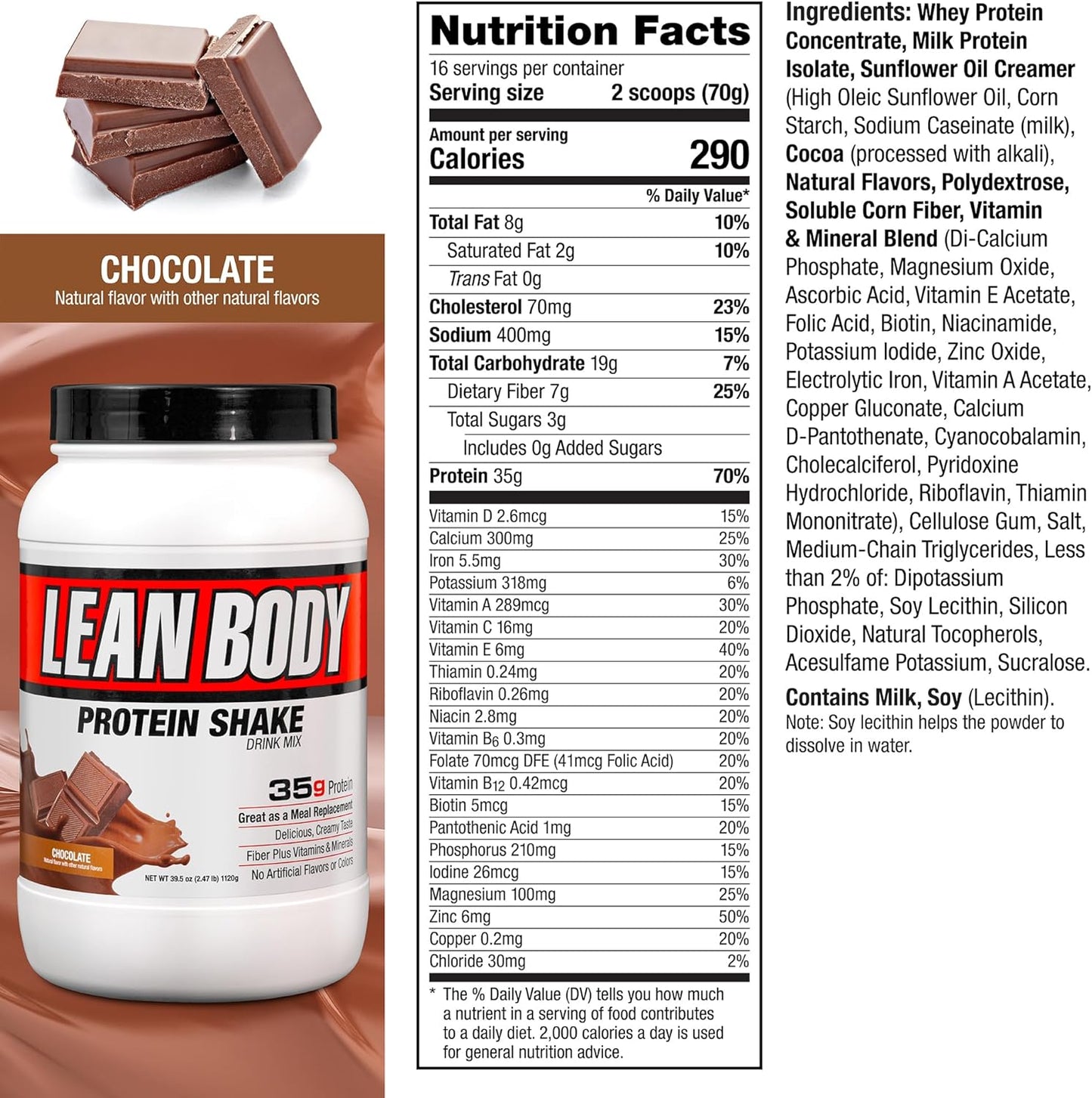 Labrada Nutrition Lean Body Hi-Protein Meal Replacement Shake, Chocolate, 2.47 Pound Tub(Pack of 1)
