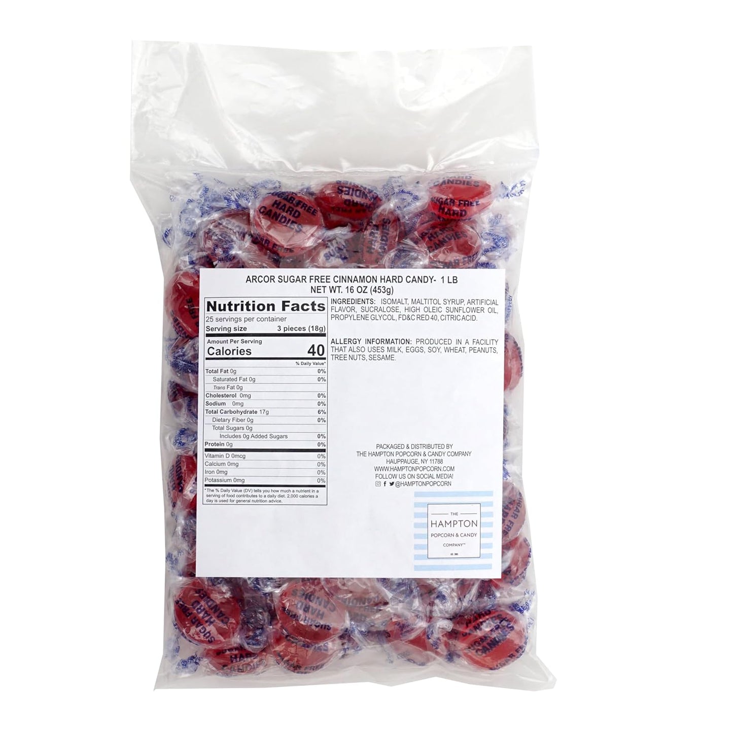 Arcor Sugar Free Cinnamon Hard Candy Discs, 1 Pound Bulk Bag (Approx. 70 Pieces), Zero Sugar Cinnamon Candy Individually Wrapped Hard Candy, The Hampton Popcorn & Candy Company