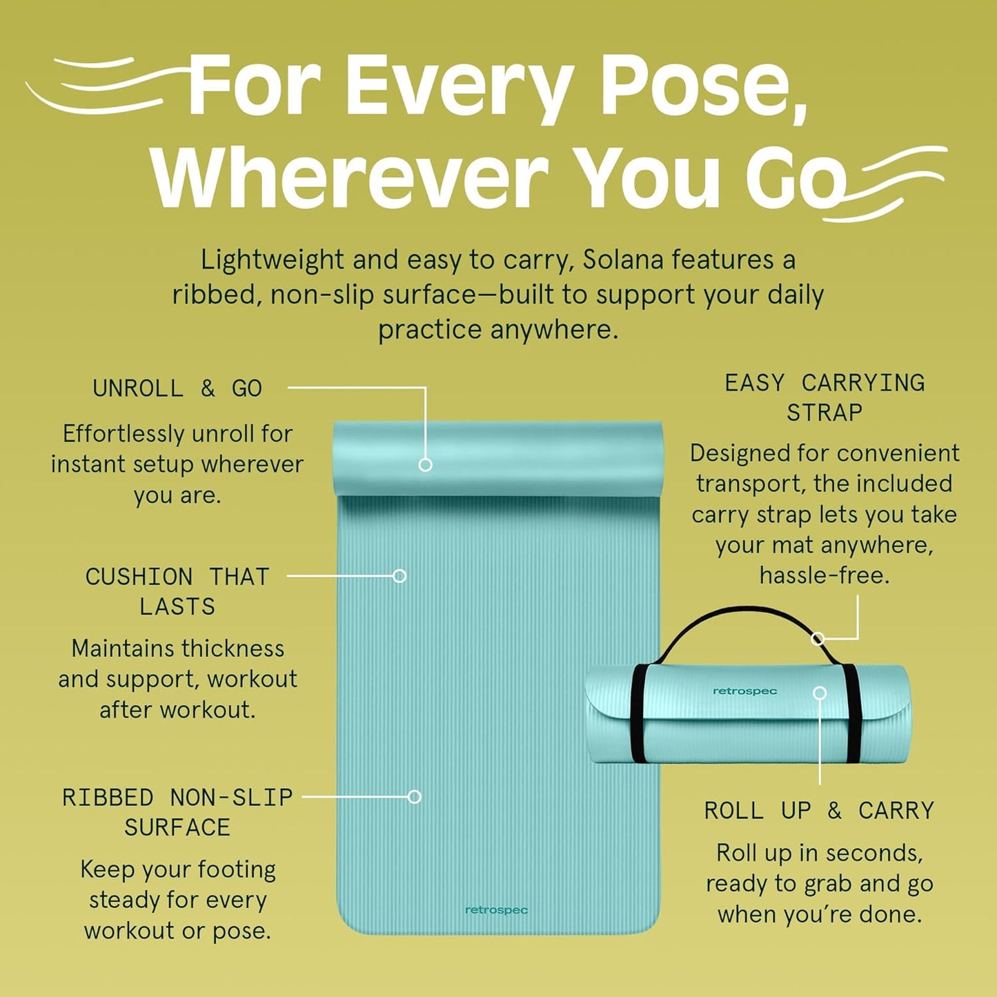 Retrospec Solana Yoga Mat 1/2" Thick w/Nylon Strap for Men & Women - Non Slip Exercise Mat for Yoga, Pilates, Stretching, Floor & Fitness Workouts