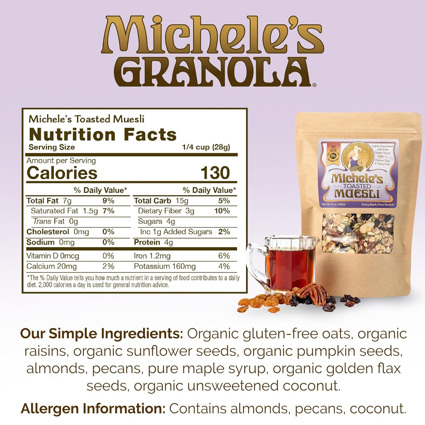 Michele's Granola - Toasted Muesli - Handmade Non-GMO Whole Grain Oats - Free of Gluten, Soy, Wheat, Dairy, Added Oils & Refined Sugar