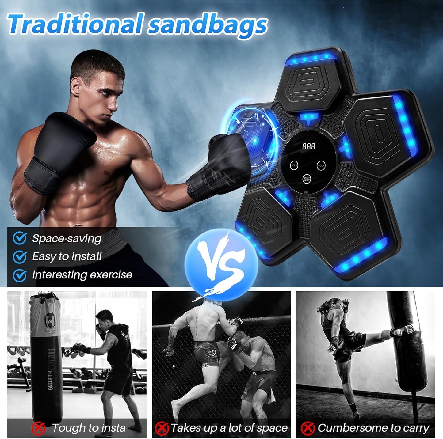 Music Boxing Machine, Bluetooth Music Punching Machine with Gloves, Electronic LED Boxing Training Equipment Wall Mounted, 9 Modes & 9 Speeds, Boxing Target for Home, Office, Gym