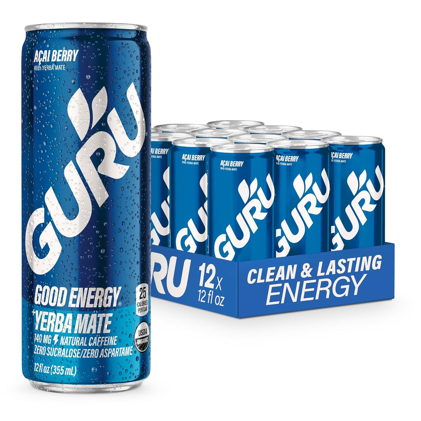 GURU Yerba Mate Organic Energy Drinks, Clean Energy Drink with Plant Based Natural Caffeine from Green Tea, Low Calorie, Gluten Free, 140mg Caffeine, Healthy Drinks, Acai Berry, 12oz (Pack of 12)