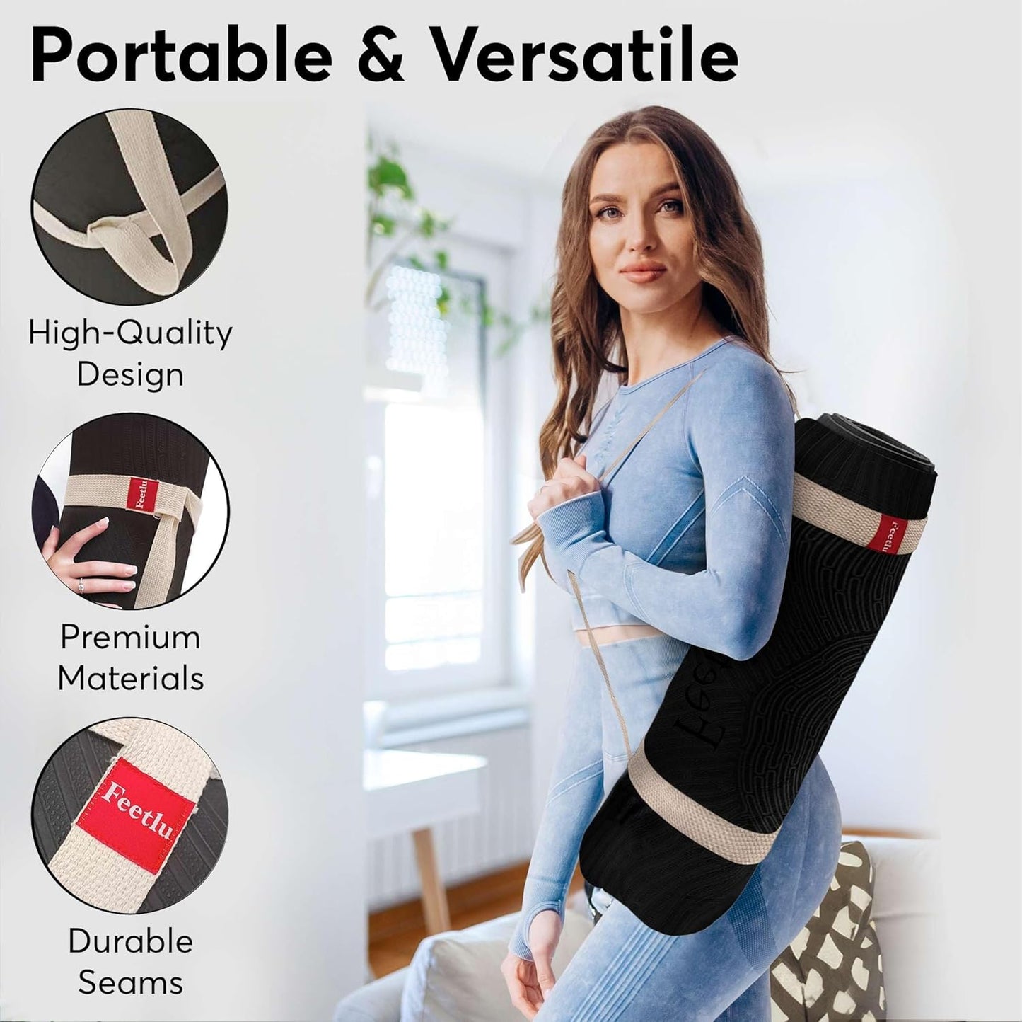 Extra Thick 12mm Exercise Mat – Non-Slip, Joint-Friendly & Cushioned Fitness Mat for Yoga, Pilates & Floor Workouts – Durable, Supportive & Includes Feetlu Classic Strap