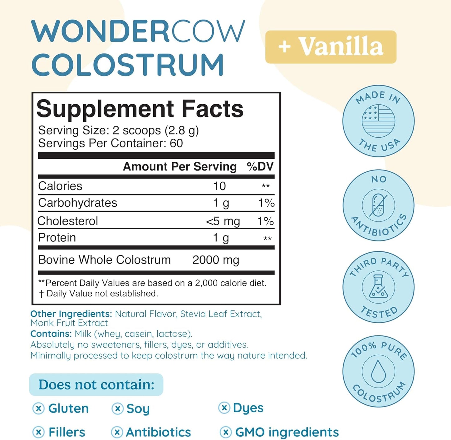 Colostrum Supplement Powder for Gut Health, Immune Support, Muscle Recovery & Wellness | Natural IgG Pure Whole Bovine Colostrum Superfood, Vanilla, 60 Servings