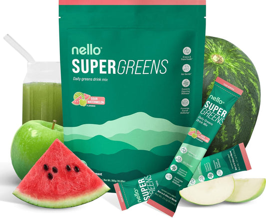 Supergreens Premium Superfood Greens Drink Mix w/Chlorella, Moringa, Spinach & Broccoli + Digestive Enzymes & Probiotic Blend -Nutrient-Packed Powder (Sour Watermelon 20 SRV, Travel Pack)