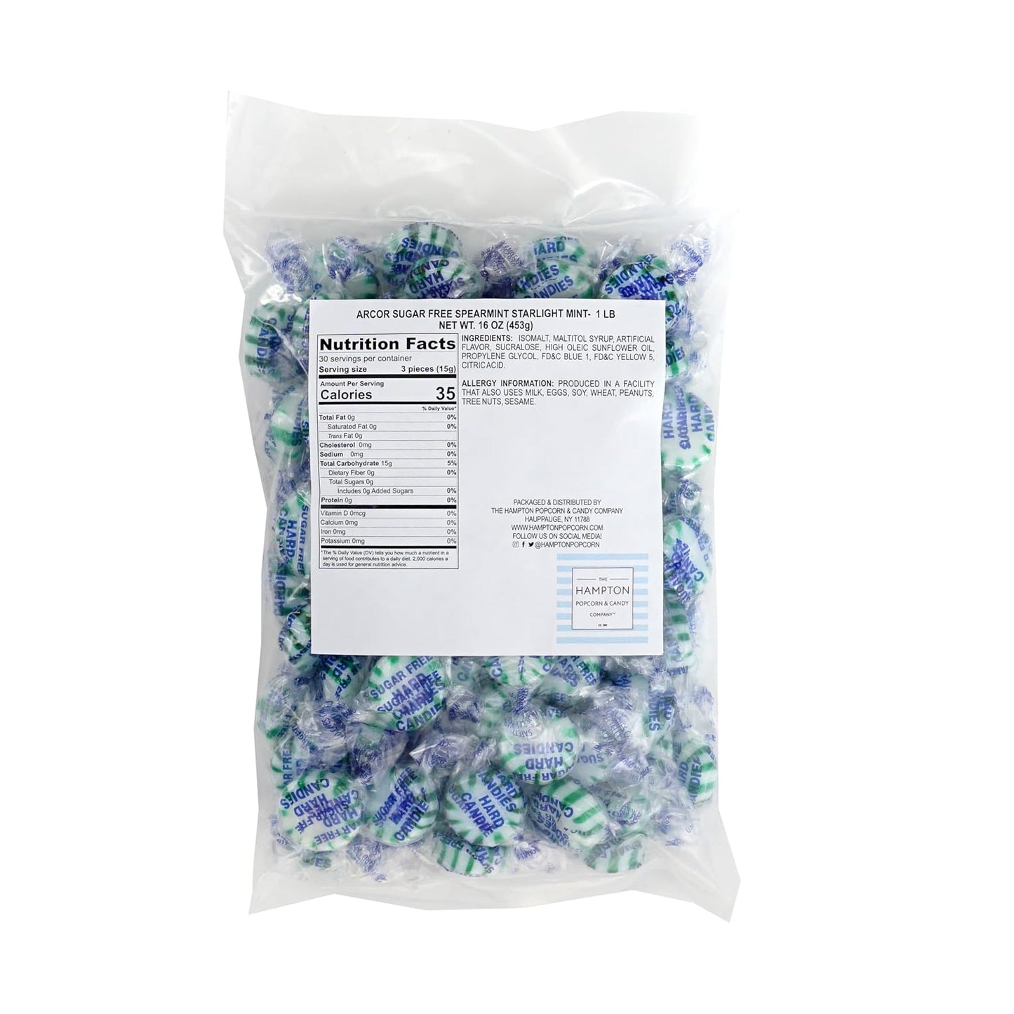 Arcor Sugar Free Spearmint Starlight Mints, 1 Pound Bulk Bag, Individually Wrapped Hard Candy, The Hampton Popcorn & Candy Company