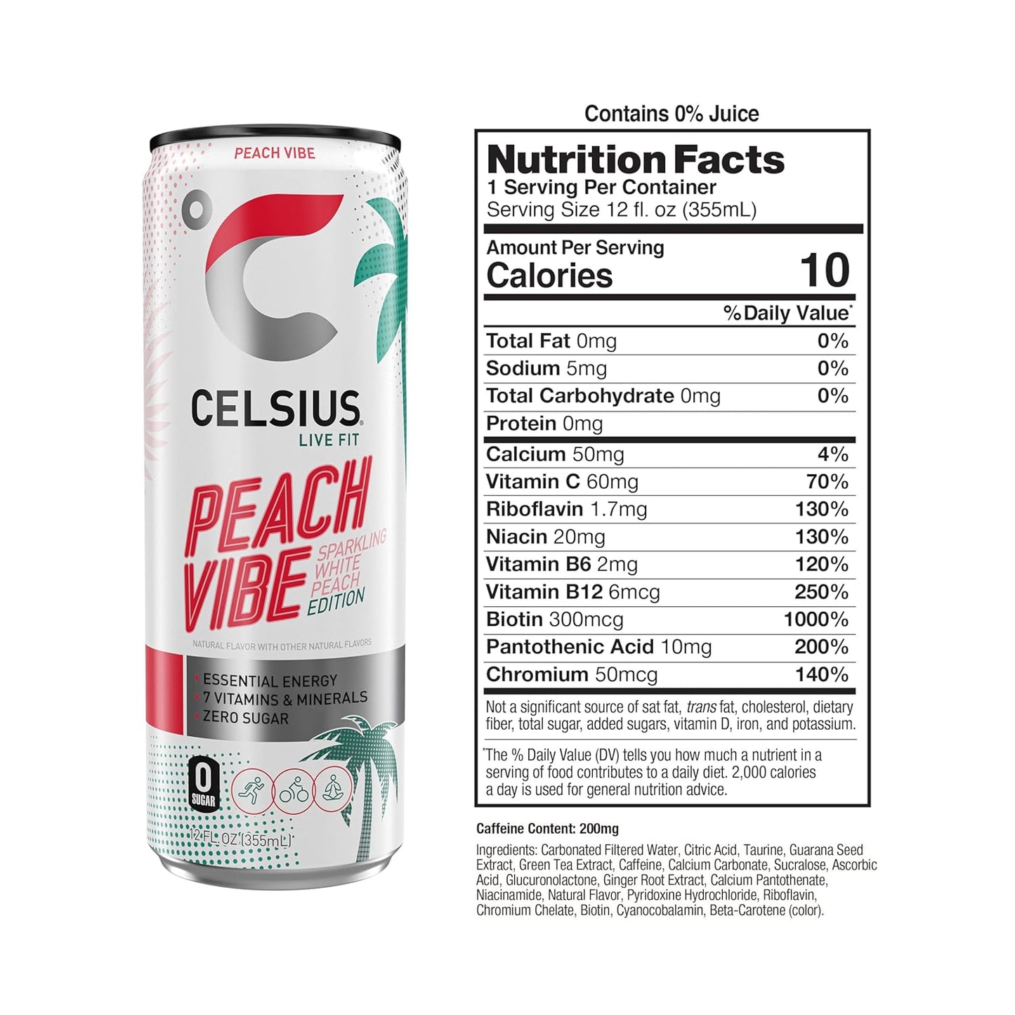 CELSIUS Sparkling Peach Vibe, Functional Essential Energy Drink 12 Fl Oz (Pack of 4)