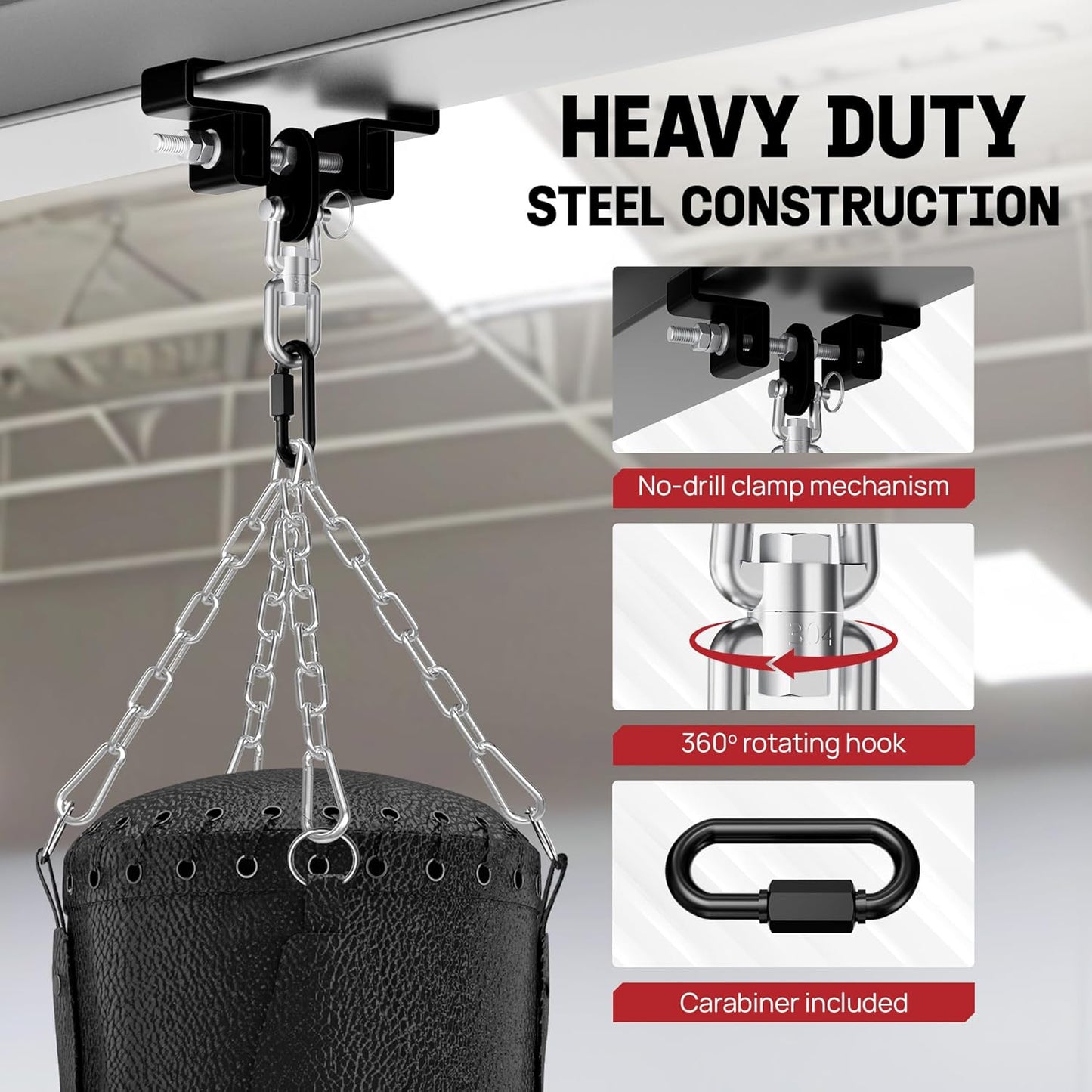 Yes4All Punching Bag Hanger, Stainless Steel Swivel Chain with 4 Snap Hooks for Heavy Bag, Gym Swing, Trapeze, and Hammock