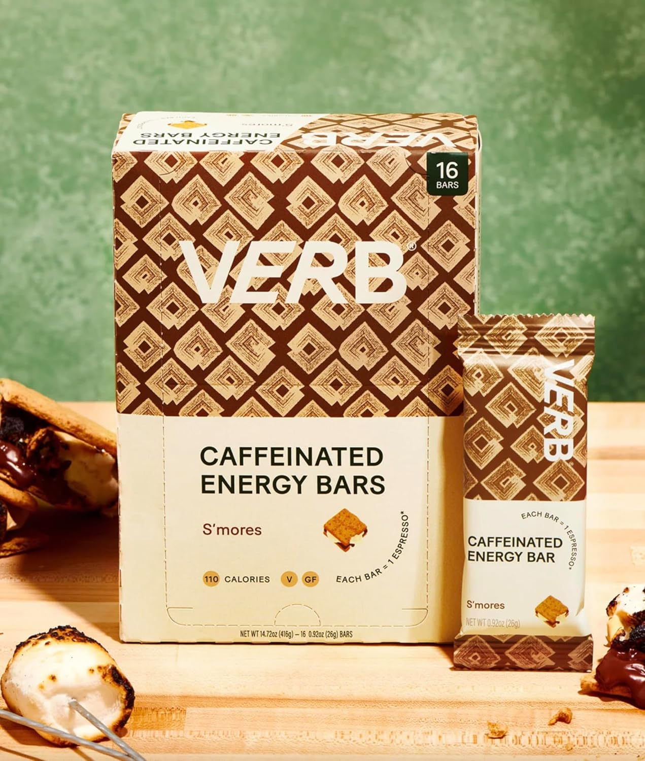 Verb Caffeinated Energy Bars S'mores (26g, Pack of 16) 110-Calorie Delicious Low Sugar Energy Bar - Vegan Gluten Free On-the Go Snack with 80mg Green Tea Caffeine, Only Real-Food Ingredients