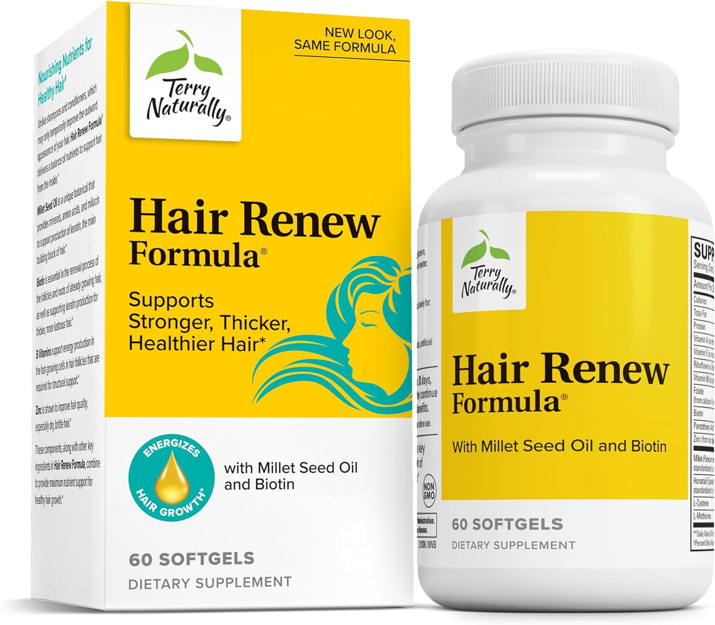 Terry Naturally Hair Renew Formula - Healthy Hair Growth Supplement with Biotin B Vitamins & Zinc - Millet Seed Oil for Keratin Production Support & Stronger, More Radiant Strands - 60 Softgels