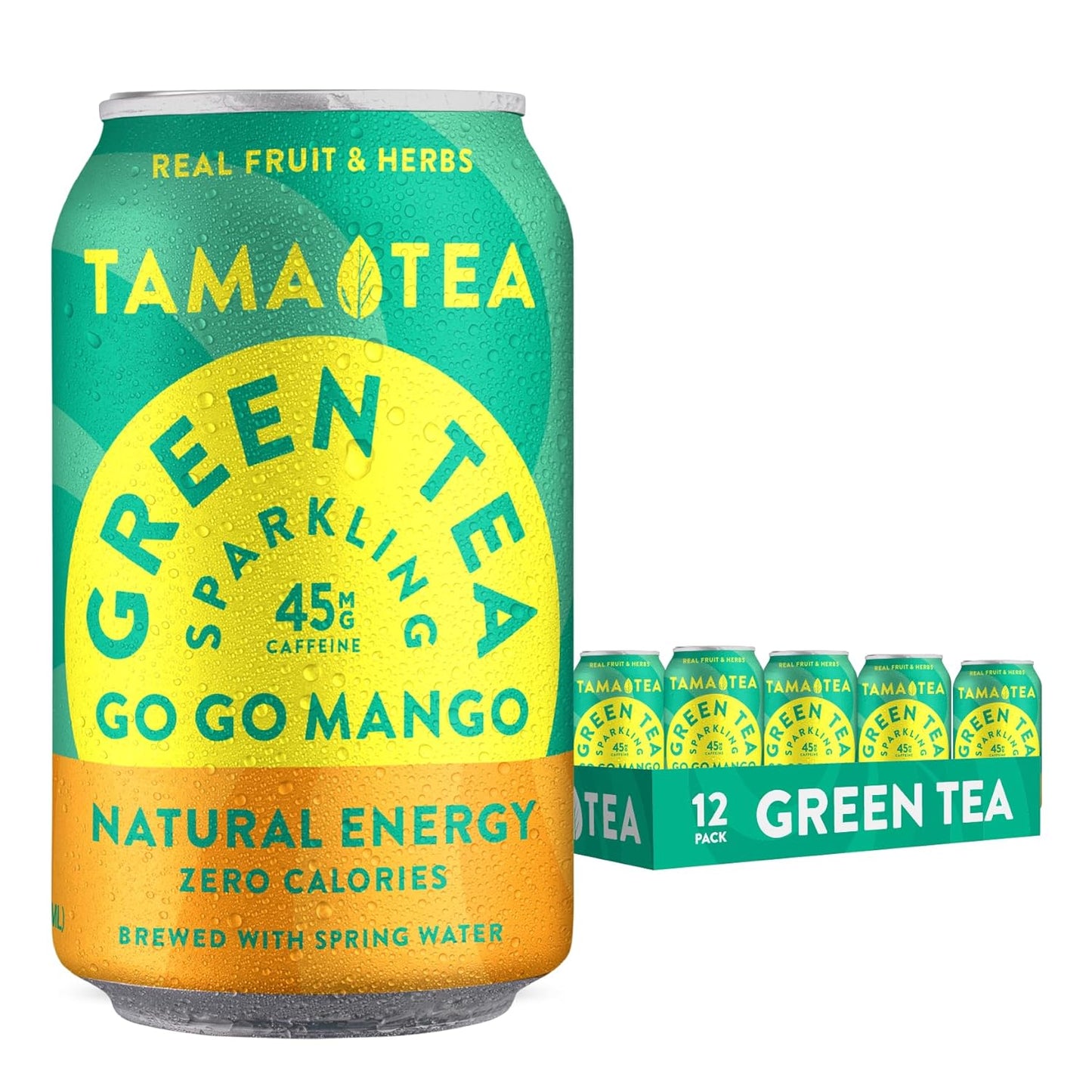 Tama Tea Sugar-Free Sparkling Green Tea, Mango – Organic & Naturally Energizing – Zero Calories, Zero Carbs, Non-GMO – Antioxidant-Rich with 45mg Natural Caffeine – 12 oz Cans (12-Pack)