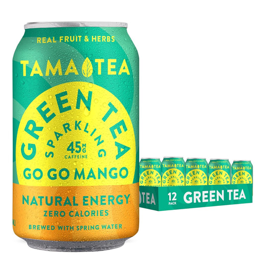 Tama Tea Sugar-Free Sparkling Green Tea, Mango – Organic & Naturally Energizing – Zero Calories, Zero Carbs, Non-GMO – Antioxidant-Rich with 45mg Natural Caffeine – 12 oz Cans (12-Pack)