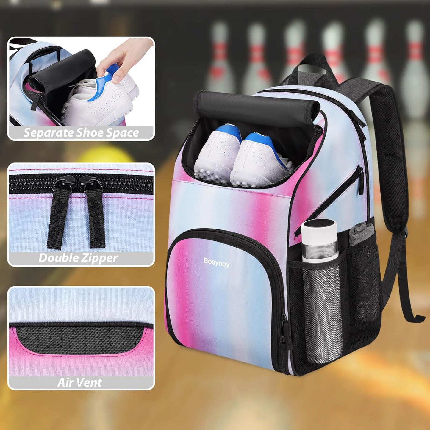 Bosynoy Bowling Backpack, Bowling Ball Bag Totes for Single Ball with Shoe Compartment & Foam Padded, Fits Shoes Up to US Mens Size 16, Grey