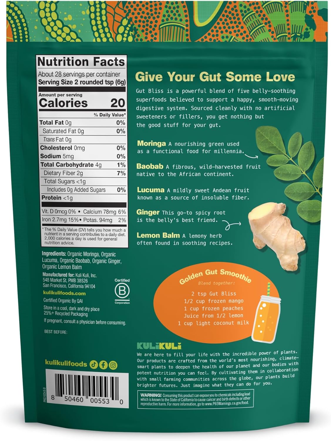 Kuli Kuli Gut Bliss Superfood Powder [6 oz] - Powerful Blend of Organic Moringa, Baobab, Lucuma, Ginger and Lemon Balm - Promote Digestion, Soothe the Stomach and Boost Gut Health