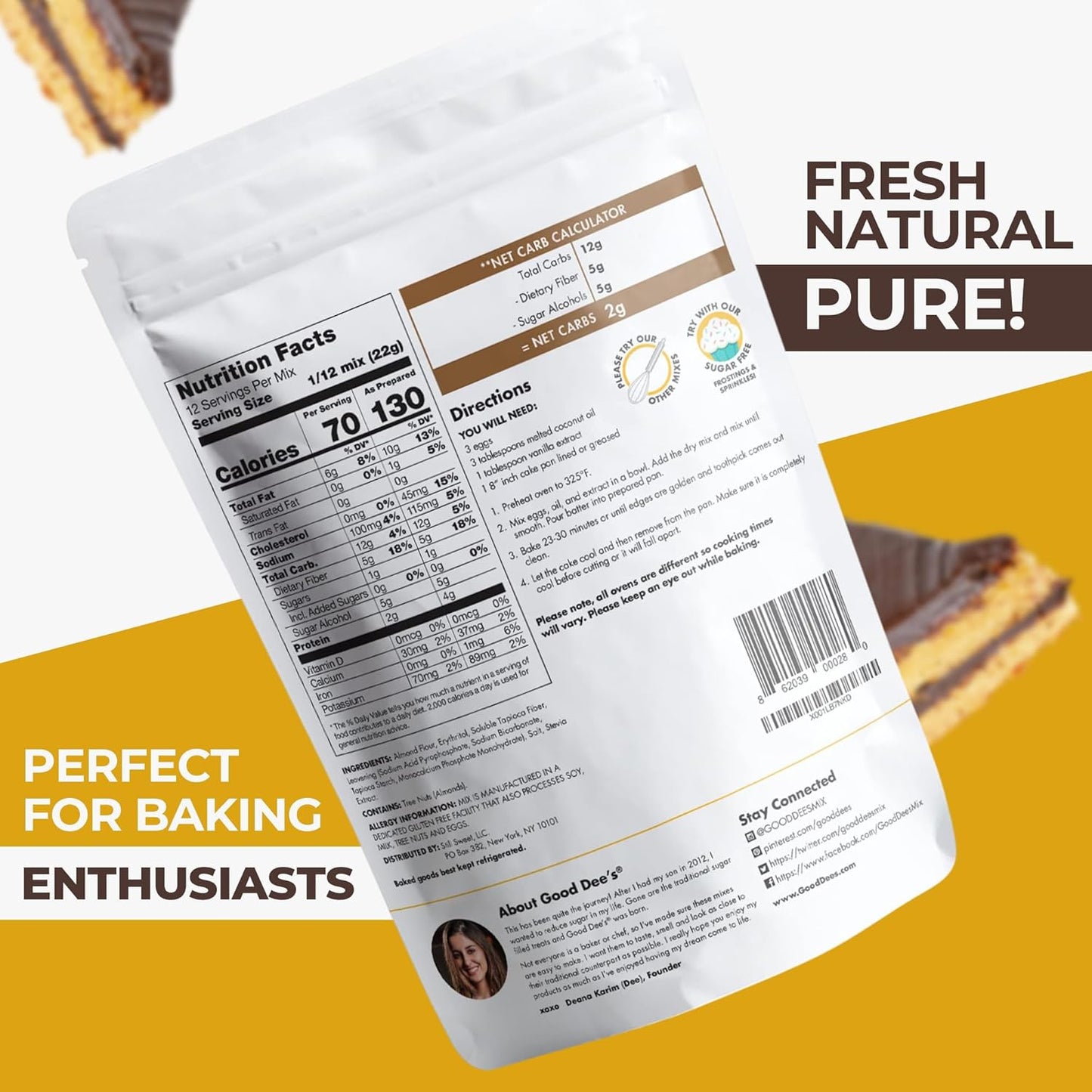 Good Dee's Keto Yellow Snack Cake Mix, Gluten Free, No Added Sugar, Gluten Free, Grain-Free, Soy-Free, Diabetic, Atkins & WW Friendly (2g Net Carbs, 12 Serving)