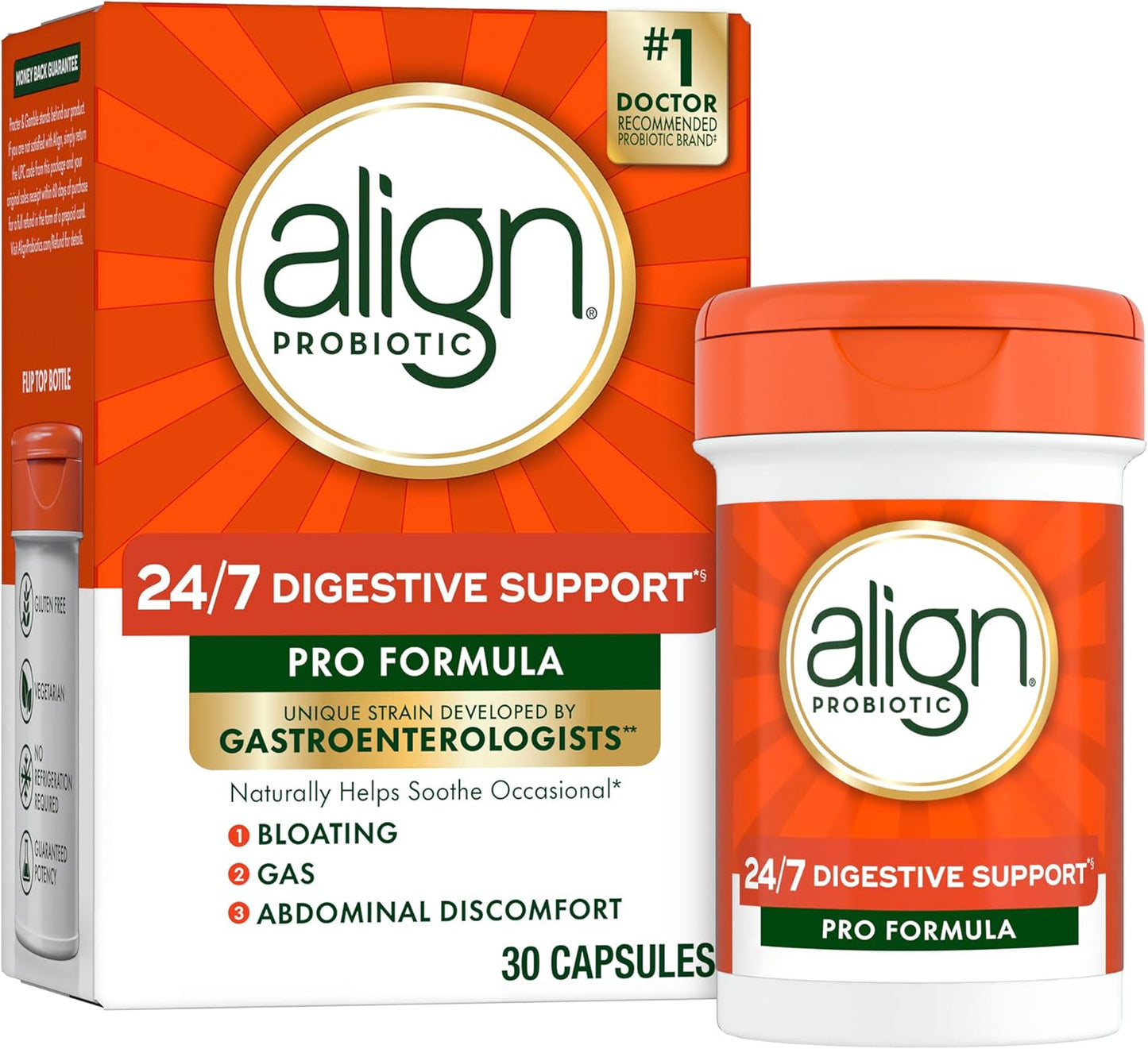Align Probiotic, Pro Formula, Probiotics for Women and Men, Daily Probiotic Supplement, Helps Soothe Occasional Bloating & Gas*, #1 Doctor Recommended Brand‡, 30 Capsules (Packaging May Vary)