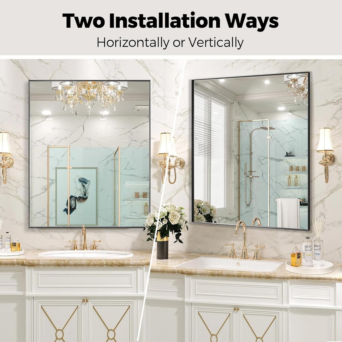 20x30 Inch Black Bathroom Mirror for Wall, Aluminum Frame Rectangle Rectangular Vanity Mirror, Modern Large for Bedroom, Living Room, Horizontal or Vertical