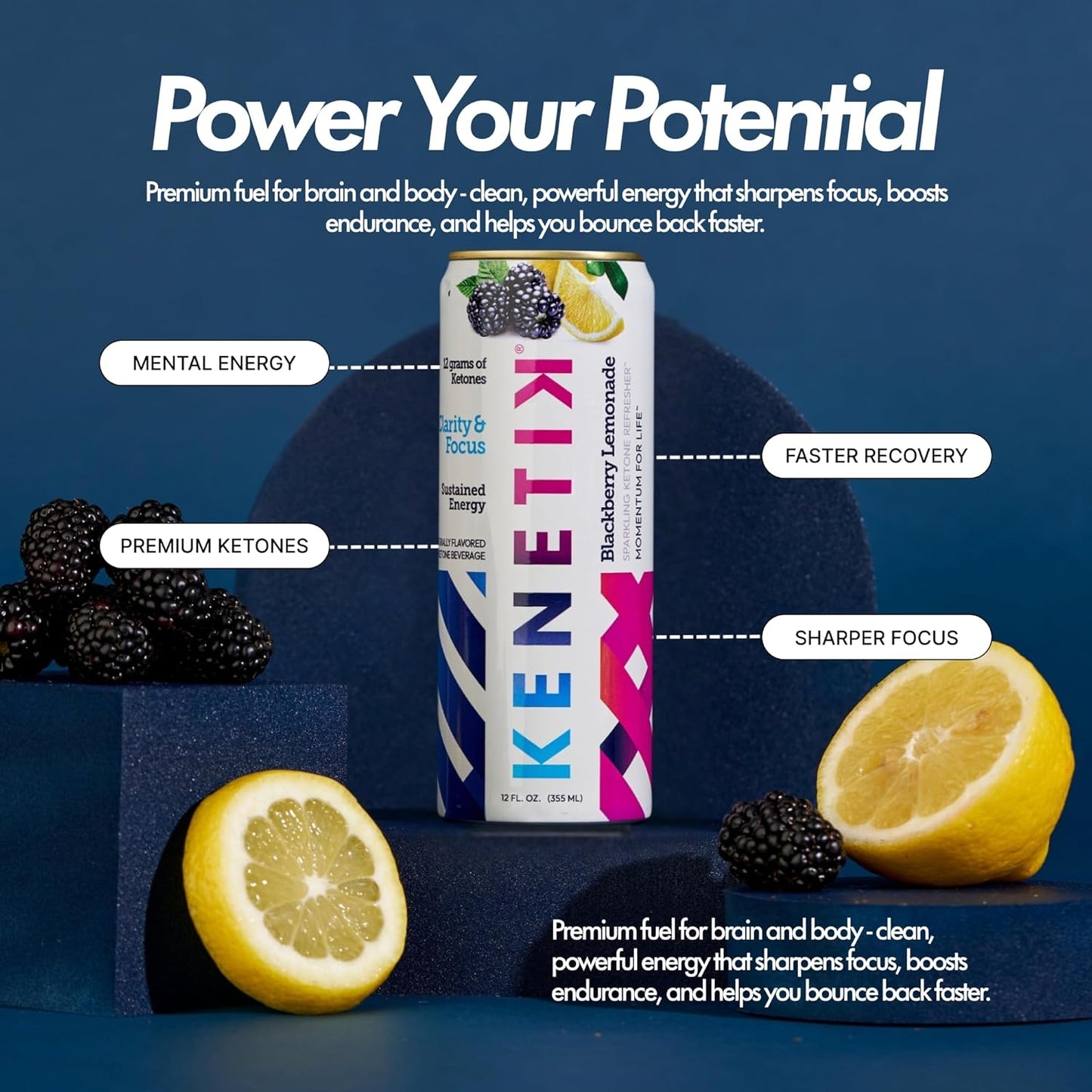 KENETIK Nootropic Ketone Drink, Ketones for Energy & Focus, Caffeine & Sugar Free, High Performance D-BHB Ketone Mix, Fuel w/Zero Crash or Jitters, Ready to Drink - Blackberry Lemonade 12 Pk