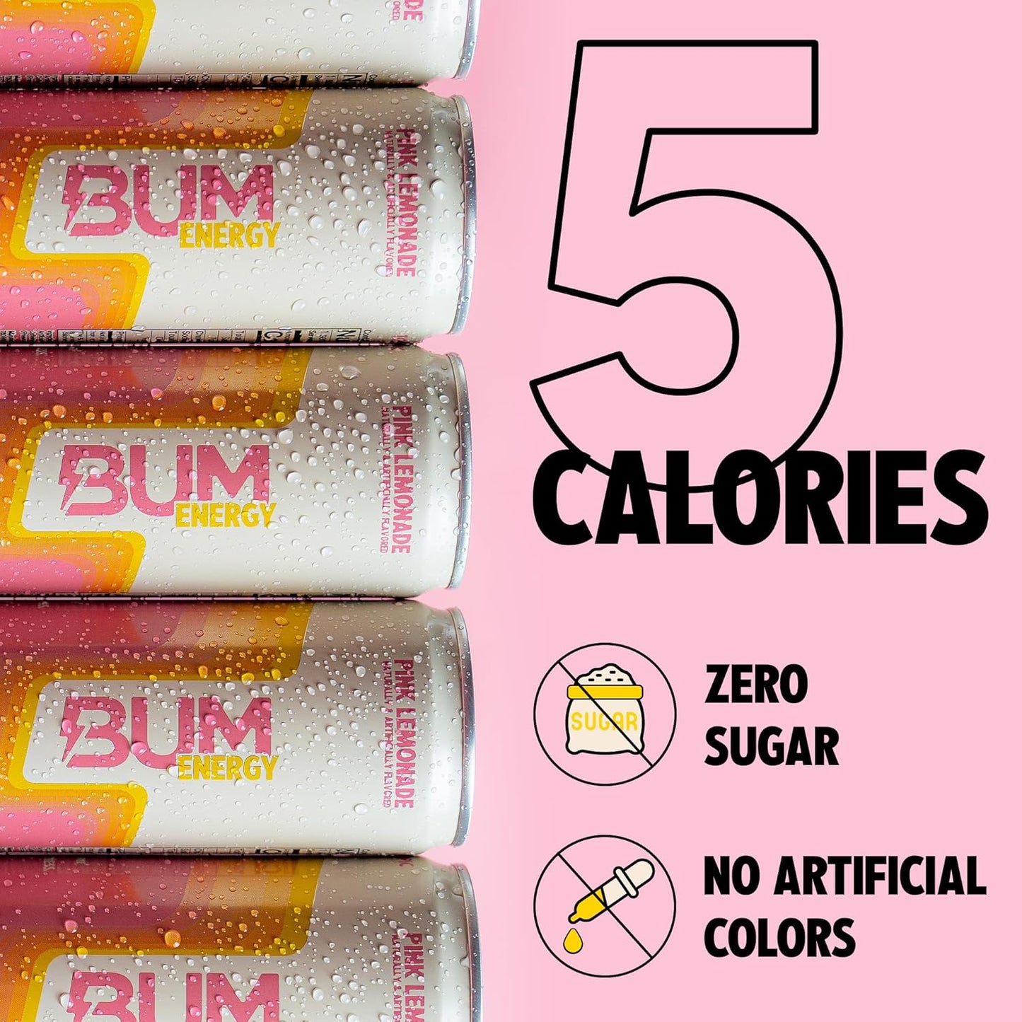 BUM Sugar-Free Energy Drink, Pink Lemonade - Lightly Carbonated & No Artificial Colors, Natural Caffeine & Citicoline for Energy & Focus, Brain Boost & Workout Sports Beverage - 12 oz, Pack of 12