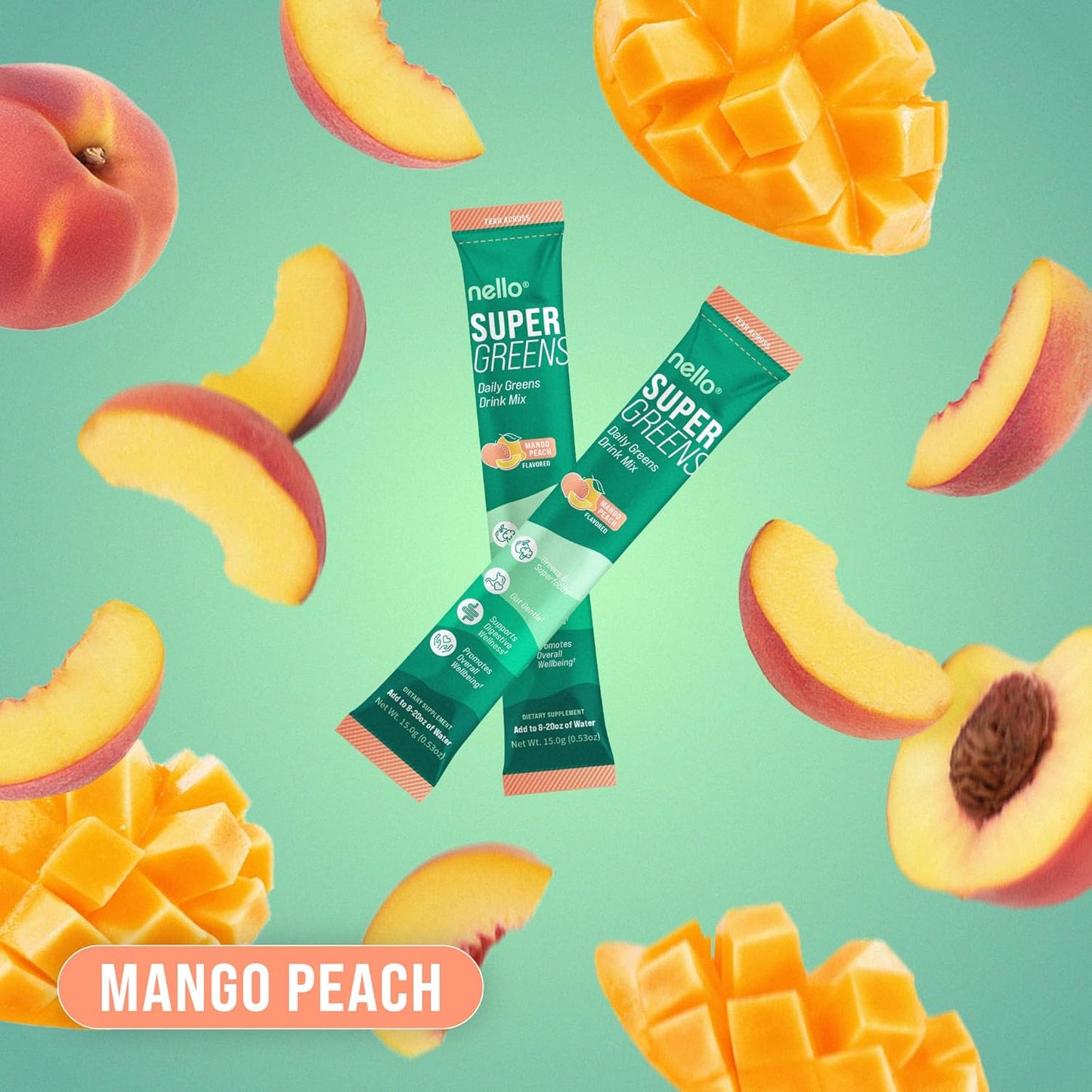 Supergreens Premium Superfood Greens Drink Mix w/Chlorella, Moringa, Spinach & Broccoli + Digestive Enzymes & Probiotic Blend -Nutrient-Packed Powder Wellness (Mango Peach, 20 SRV, Travel Pack)